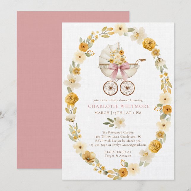 Invitation Fête de naissance au thème calèche florale | Desig (Devant / Derrière)