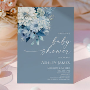 Invitation Fête de naissance aux fleurs élégantes et bleues p