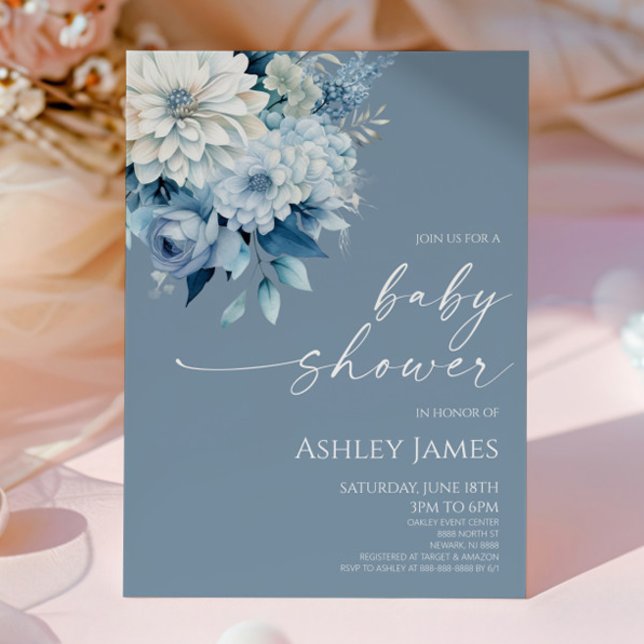 Invitation Fête de naissance aux fleurs élégantes et bleues p (Créateur téléchargé)