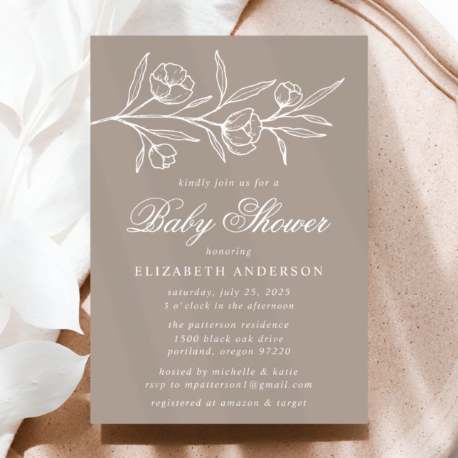Invitation Fête de naissance aux fleurs esquissées taupe (Créateur téléchargé)