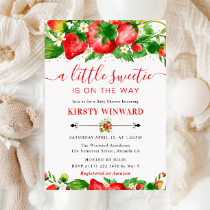 Invitation Fête de naissance aux fraises et fleurs à l'aquare