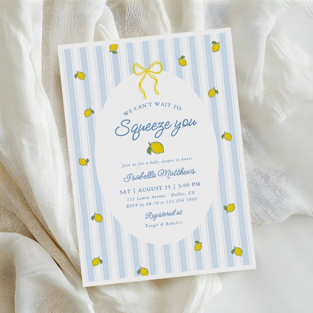 Invitation Fête de naissance aux rayures bleues et au citron  (Créateur téléchargé)