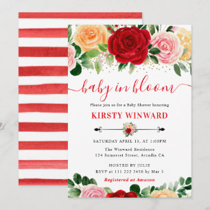 Invitation Fête de naissance aux roses aquarelles rouges et j