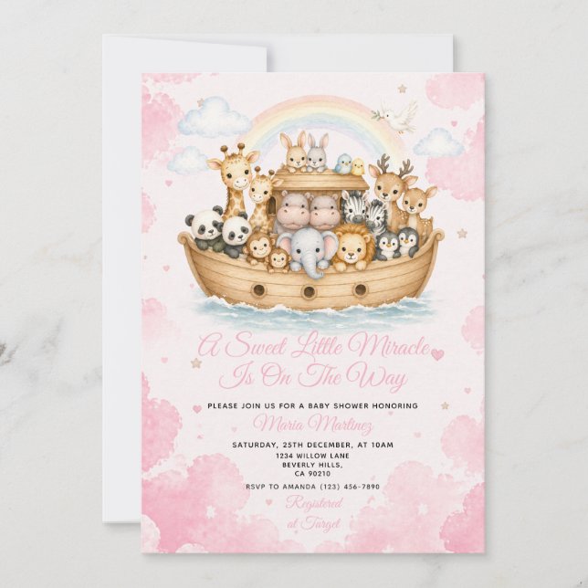 Invitation Fête de naissance avec Arche de Noé aquarelle rose (Devant)