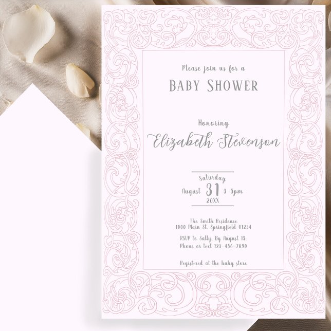 Invitation Fête de naissance avec des volutes roses élégantes (Créateur téléchargé)