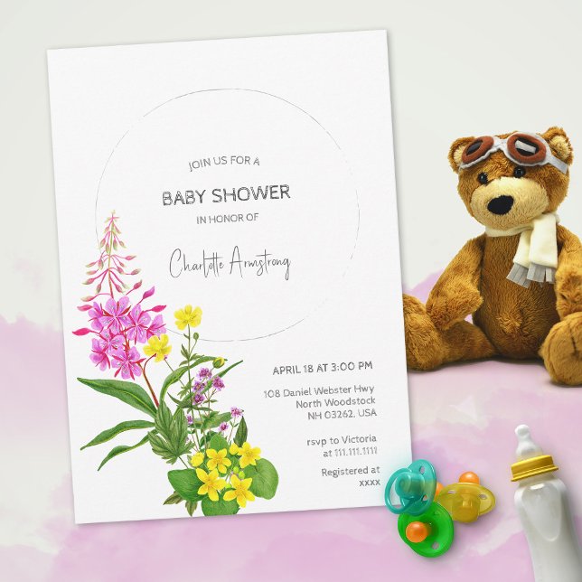 Invitation Fête de Naissance avec Écriture de Fleur Sauvage R (Vibrant Yellow Pink Wildflower Script Baby Shower Invitation ©Susanne Sachers - Sunny Mind Design  )