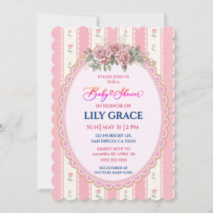 Invitation Fête de naissance avec ruban rose et or et fleurs