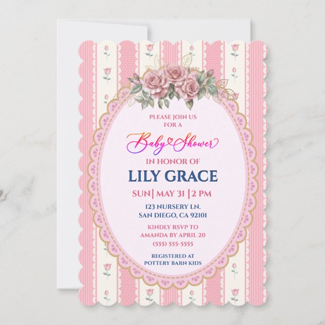 Invitation Fête de naissance avec ruban rose et or et fleurs (Devant)