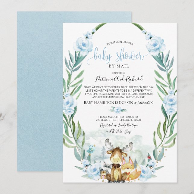 Invitation Fête de naissance avec verdure florale forestière  (Devant / Derrière)