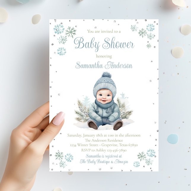 Invitation Fête de naissance Baby Boy Winter Snowflake (Boy winter snowflake baby shower invitation. Simply add your event details.)