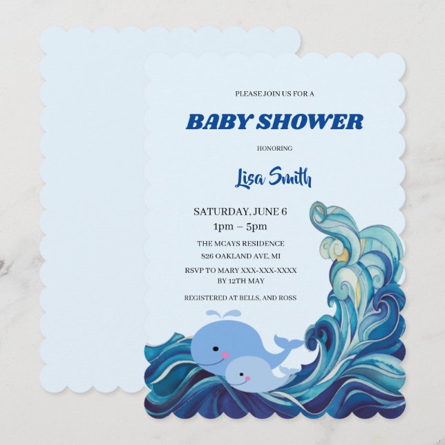 Invitation Fête de naissance Baleines Bleues Nautiques (Devant / Derrière)