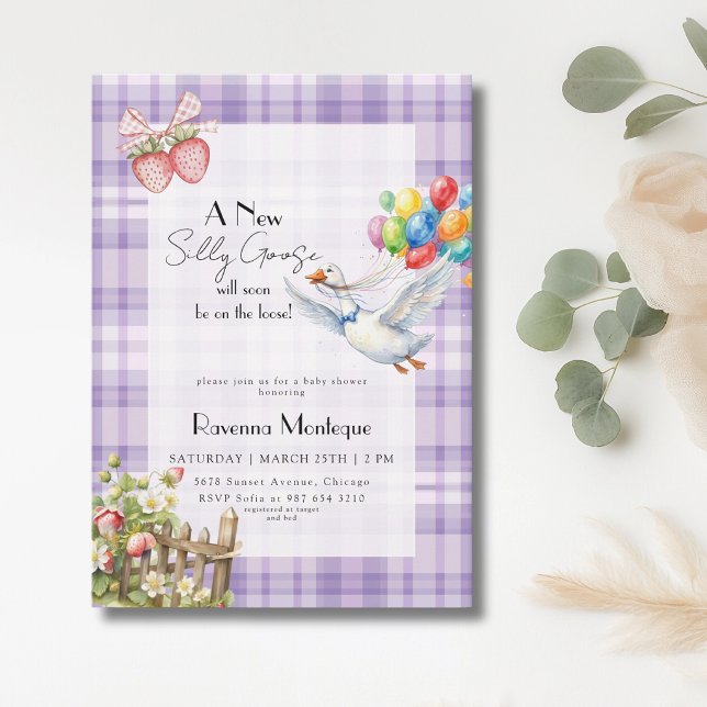 Invitation Fête de Naissance Ballons Gingham Violet Petit Fou (Créateur téléchargé)