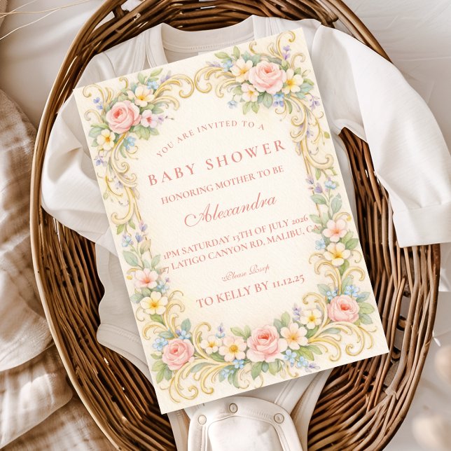 Invitation Fête de Naissance Baroque au Jardin Rose Pâle (Créateur téléchargé)