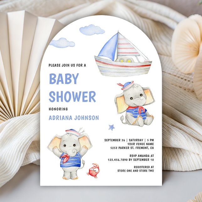 Invitation Fête de Naissance Bateau Nautique Éléphant Rustiqu (Créateur téléchargé)