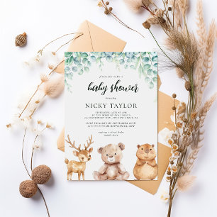 Invitation Fête de Naissance Bébé Animaux Mignons Verdure de