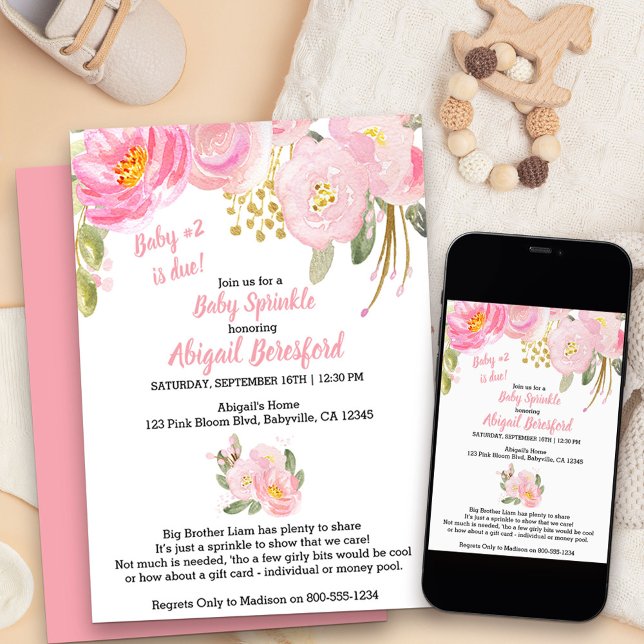 Invitation Fête de naissance bébé aquarelle rose et or (Pink floral baby sprinkle invitation for baby number two)
