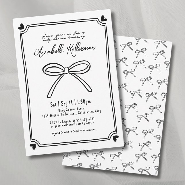 Invitation Fête de Naissance Bébé Arc Dessiné à la Main Fanta (Whimsical Hand Drawn Bow Baby Shower Invitation)