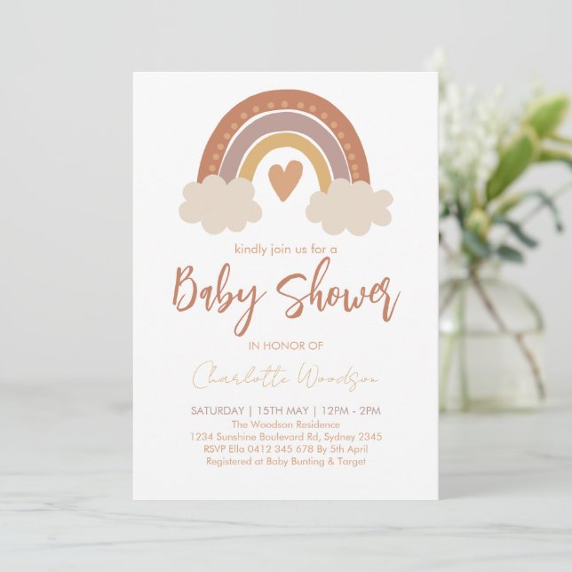 Invitation Fête de naissance bébé arc-en-ciel aquarelle bohèm (Debout devant)