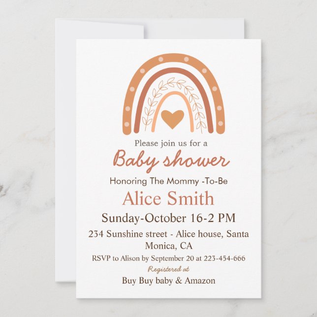 Invitation Fête de naissance bébé arc-en-ciel boho Terracotta (Devant)