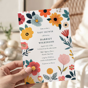 Invitation Fête de naissance bébé au thème floral moderne et