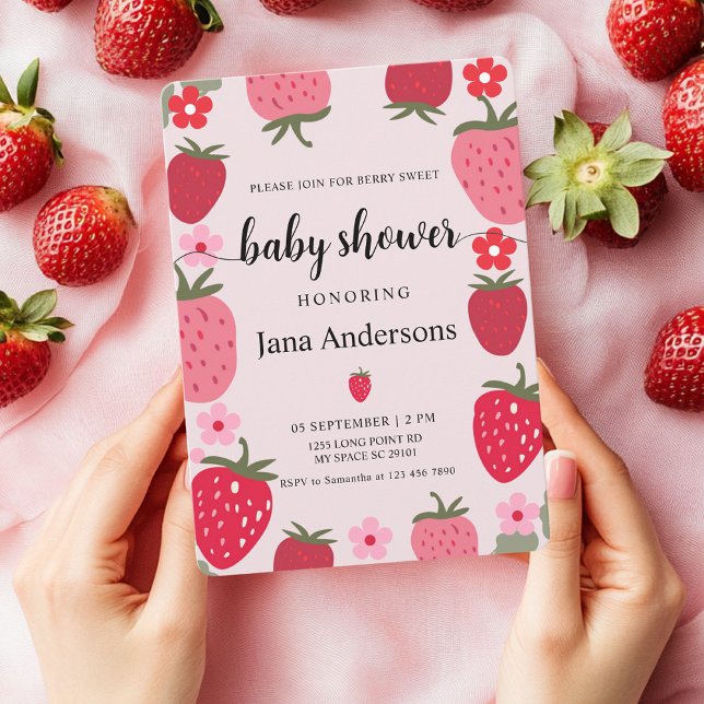 Invitation Fête de Naissance Bébé aux Fraises Roses et Rouges (Créateur téléchargé)