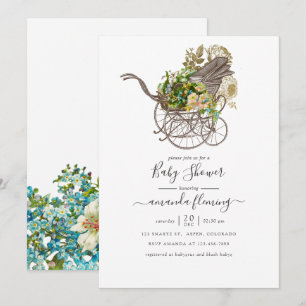 Invitation Fête de naissance bébé avec calèche florale vintag
