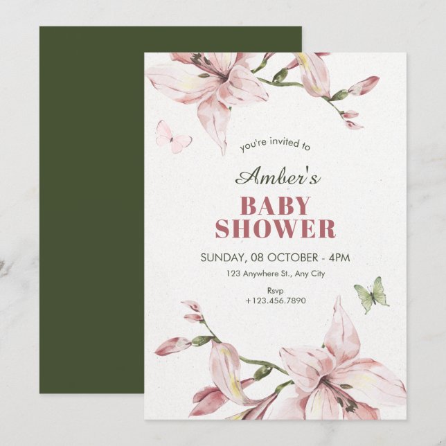 Invitation Fête de naissance bébé avec fleurs roses esthétiqu (Devant / Derrière)