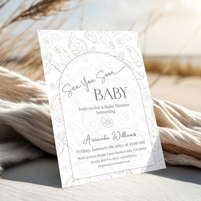 Invitation Fête de Naissance Bébé Bientôt Mer Neutre Côtière (Créateur téléchargé)