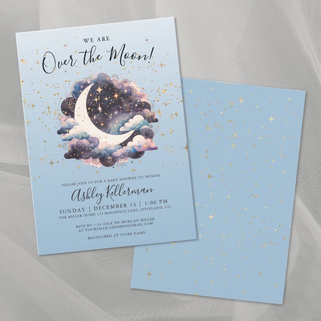 Invitation Fête de Naissance Bébé Bleu Étoiles Dorées Au-Dess (Over the Moon Gold Stars Blue Baby Shower Invitation )