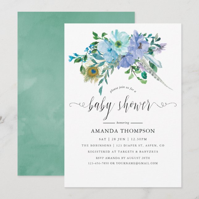 Invitation Fête de naissance bébé Bohème aquarelle bleue et m (Devant / Derrière)