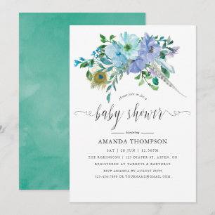 Invitation Fête de naissance bébé Bohème aquarelle bleue et m