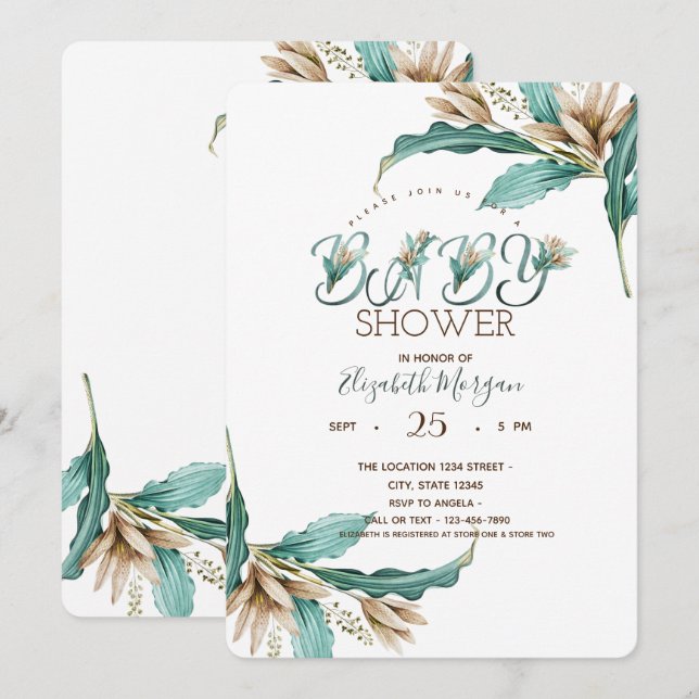 Invitation Fête de Naissance Bébé Bohème Feuilles Aquarelle (Devant / Derrière)