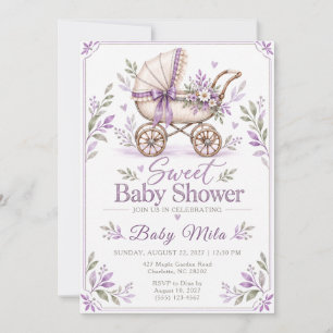 Invitation Fête de naissance bébé calèche florale vintage