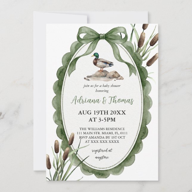 Invitation Fête de naissance bébé canard colvert vert (Devant)