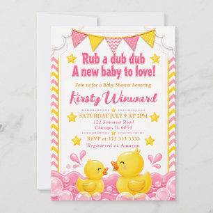 Invitation Fête de Naissance Bébé Canard en Caoutchouc Rose e