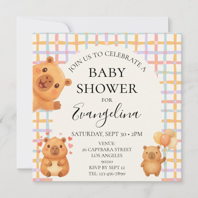 Invitation Fête de naissance bébé capybara mignon aquarelle (Devant)