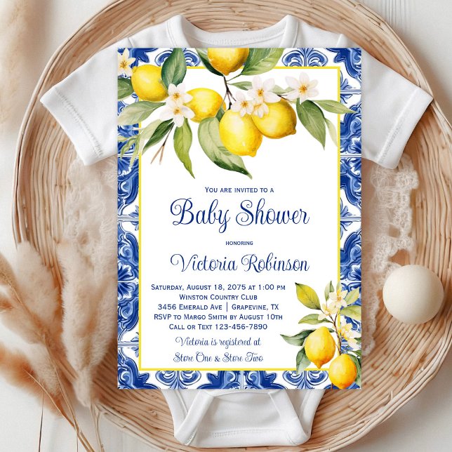 Invitation Fête de naissance Bébé Citron Carrelage Azulejo Mé (Beautiful blue tile and lemon baby shower invitation. )