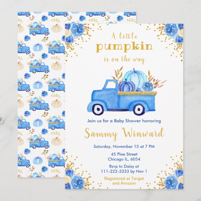 Invitation Fête de Naissance Bébé Citrouille Camion Bleu Auto (Devant / Derrière)