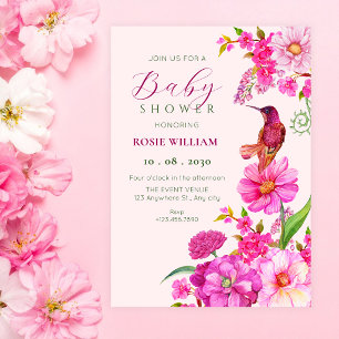 Invitation Fête de naissance bébé colibri art floral rose