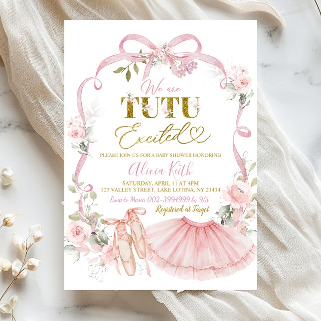 Invitation Fête de naissance bébé danseuse coquette avec nœud (Créateur téléchargé)