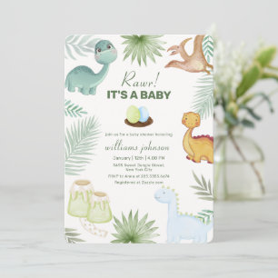 Invitation Fête de naissance bébé dinosaure tropical Volcan R