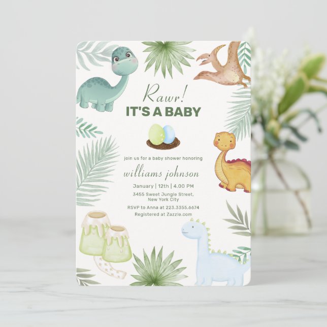 Invitation Fête de naissance bébé dinosaure tropical Volcan R (Debout devant)