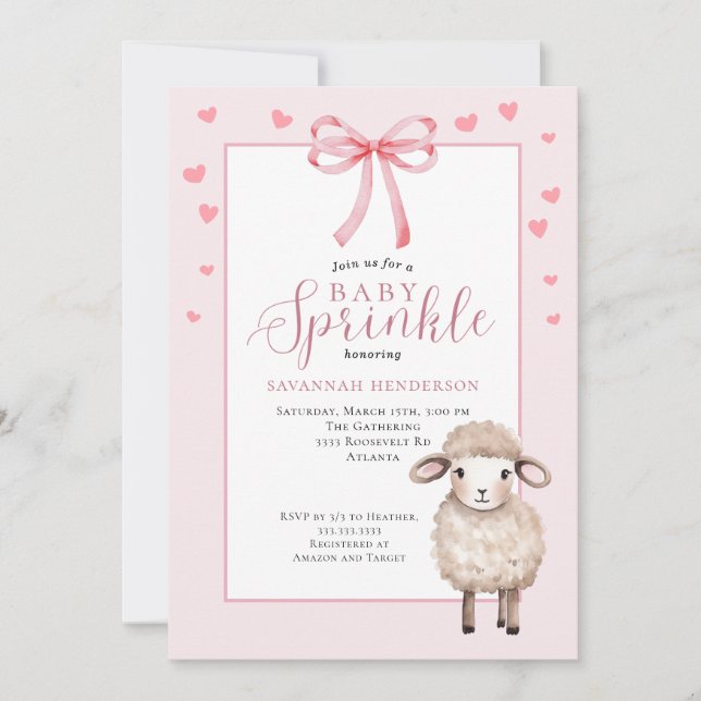 Invitation Fête de Naissance Bébé Douce Agneau Rose Ruban (Devant)