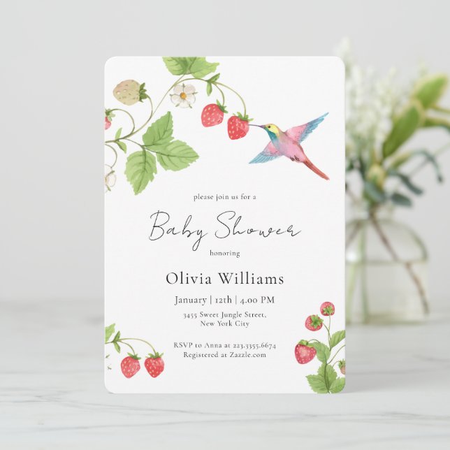 Invitation Fête de naissance Bébé élégante Colibris Fraise (Debout devant)