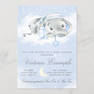 Invitation Fête de naissance bébé éléphant garçon à l'heure d