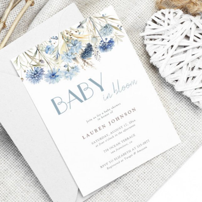 Invitation Fête de Naissance Bébé en Fleur Bleu Poussiéreux (Créateur téléchargé)