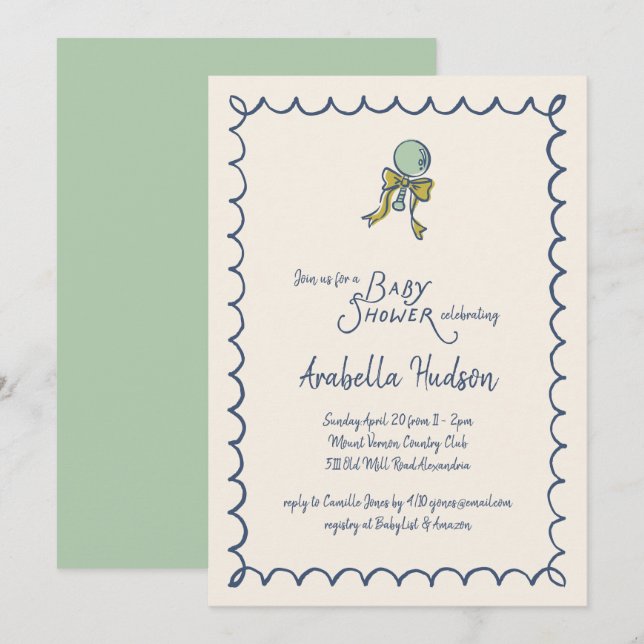 Invitation Fête de Naissance Bébé et Menthe Navy avec hochet  (Devant / Derrière)