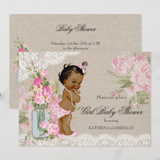 Invitation Fête de naissance bébé Ethnique Chic Démodé Dentel (Devant / Derrière)