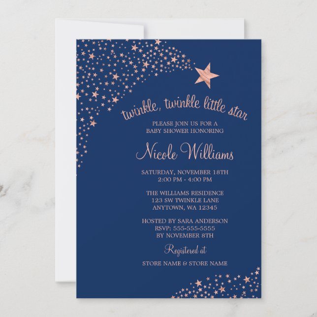 Invitation Fête de Naissance Bébé Étoile Filante Rose Navy (Devant)