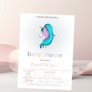 Invitation Fête de Naissance Bébé Étoiles Licorne Mignonnes